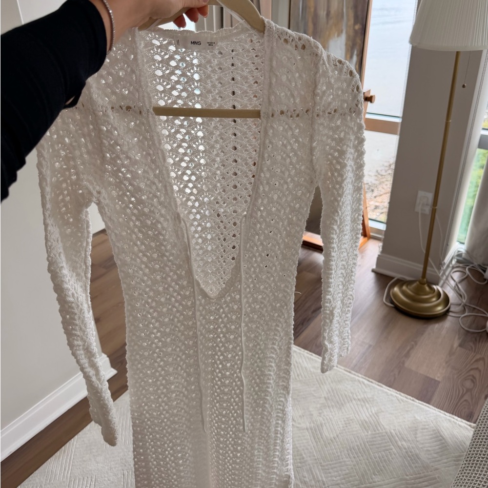 Mango White Crochet Long Sleeve Beach Cover-Up
